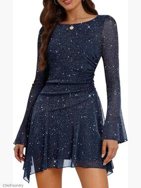 Long Sleeve Sequin Party Dress with Flared Sleeves